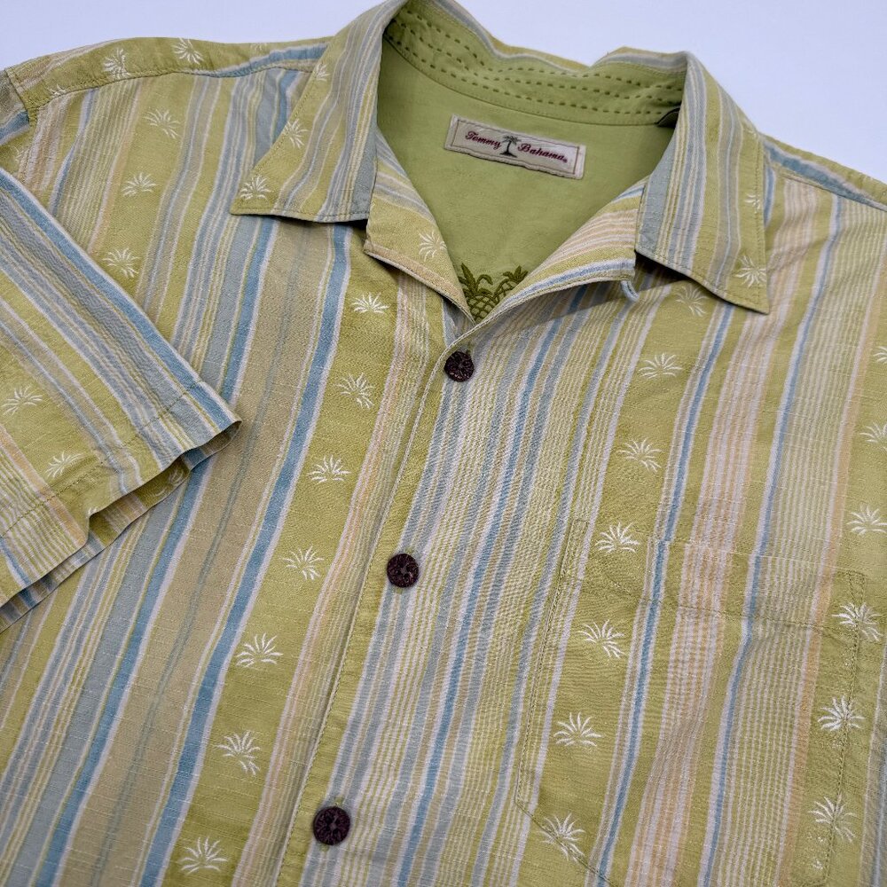 Tommy Bahama Men’s M Silk Camp Shirt Yellow Stripe Short Sleeve Hawaiian Luau